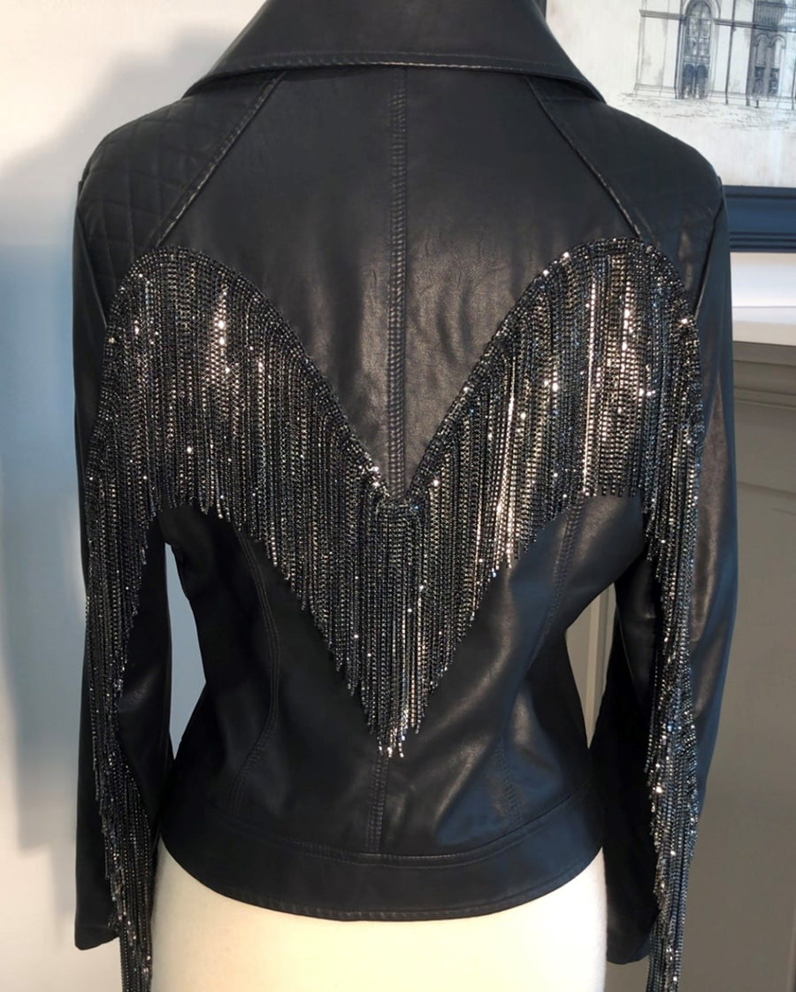 Black Faux Leather Jacket Black Fringe