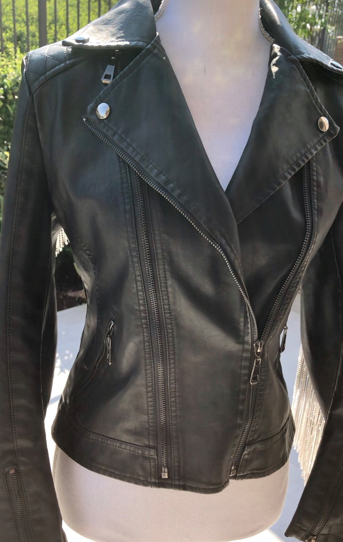 Black Faux Leather Rhinestone Fringe Jacket
