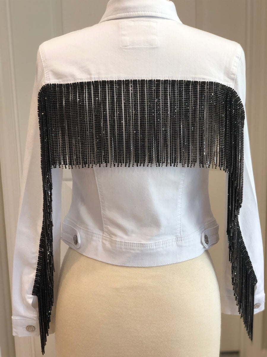 Black Crystal Fringe on White Denim
