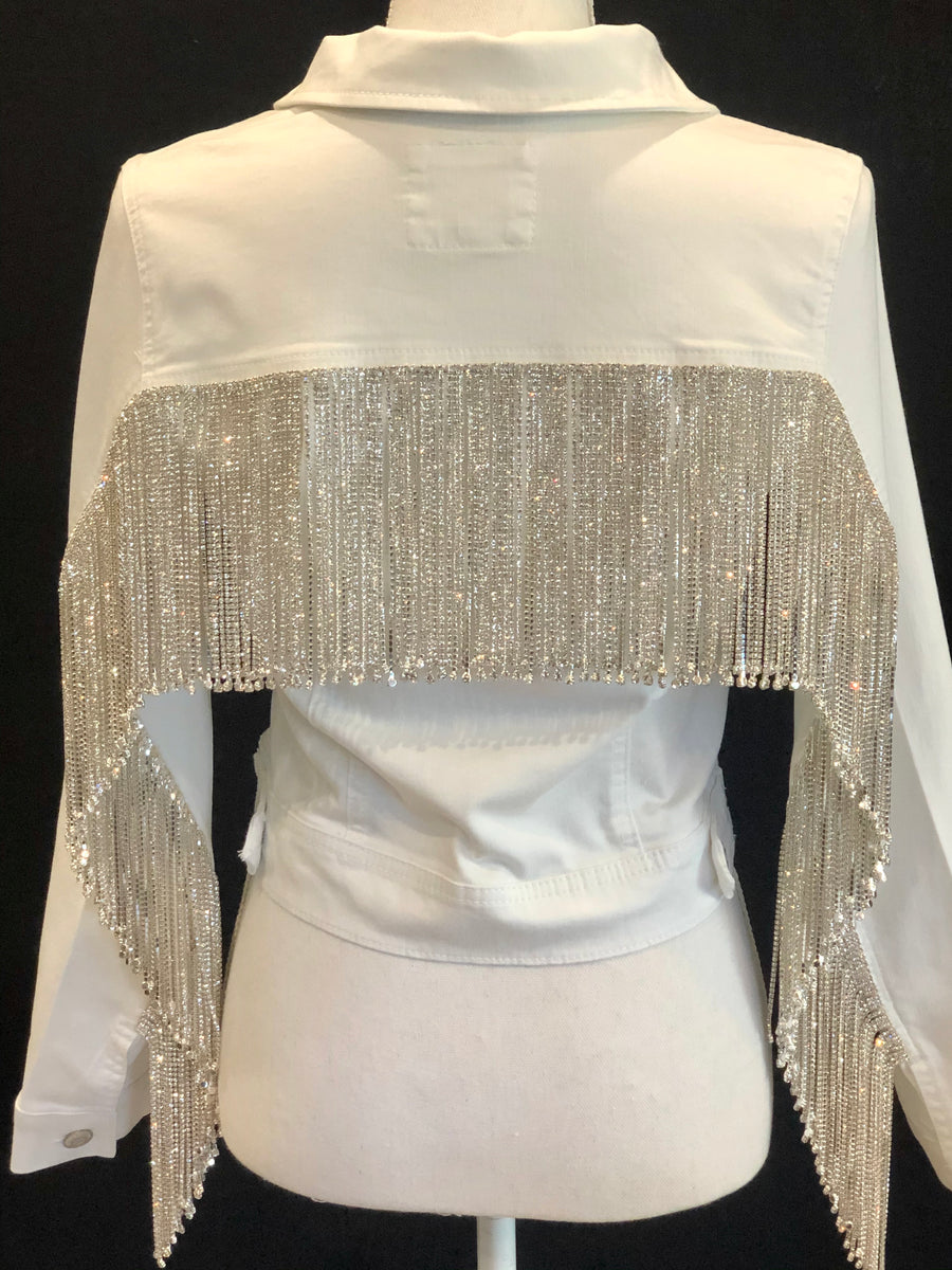 Rhinestone Fringe White Denim Jacket